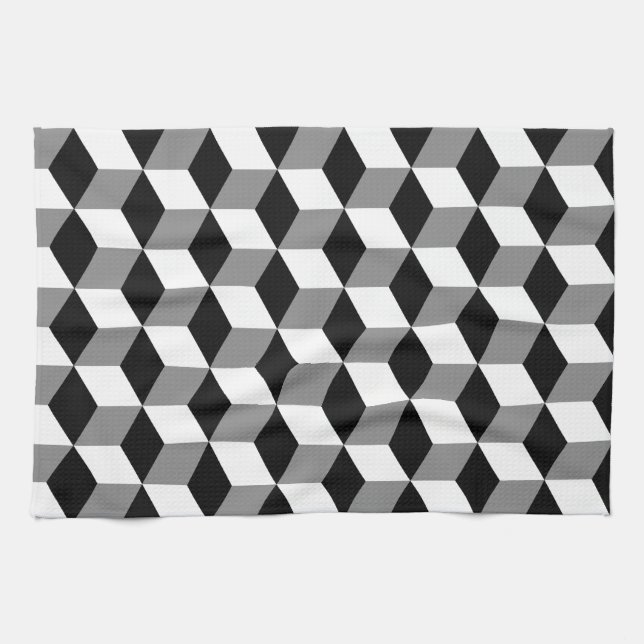 Grey, Black & White 3D Cubes Pattern Kitchen Towel (Horizontal)