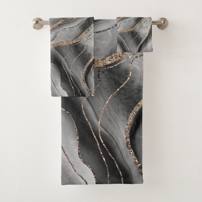 Grey Black White Agate Gold Glitter Glam #1 Bath Towel Set (Insitu)
