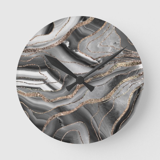 Grey Black White Agate Gold Glitter Glam #1 Round Clock (Front)