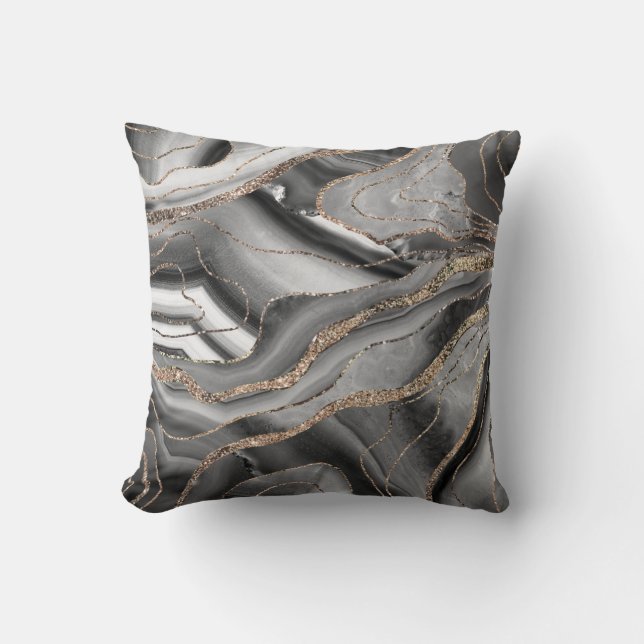 Grey Black White Agate Gold Glitter Glam #1 Throw Pillow (Front)