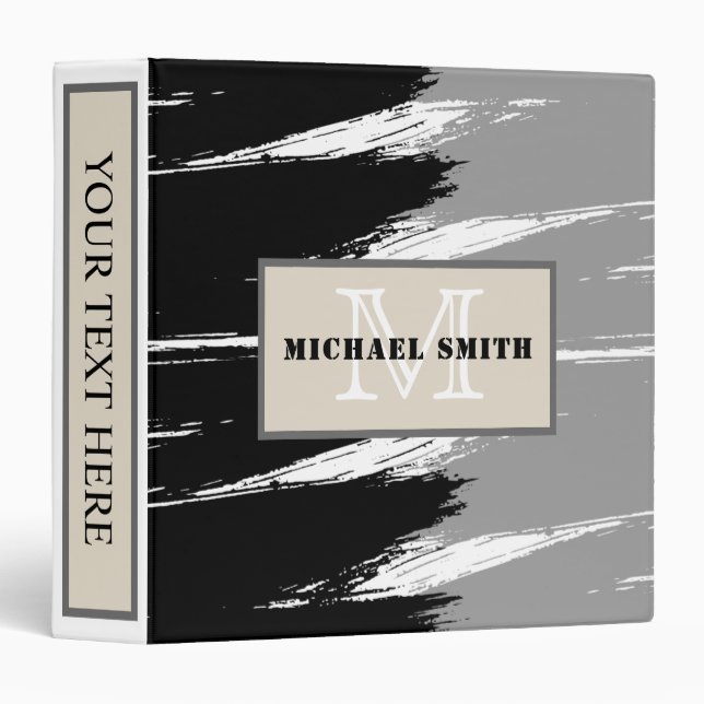Grey Black White Brush Stroke Monogram Binder (Front/Spine)