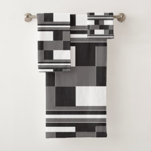 Grey Black White Check Stripes Pattern Bath Towel Set