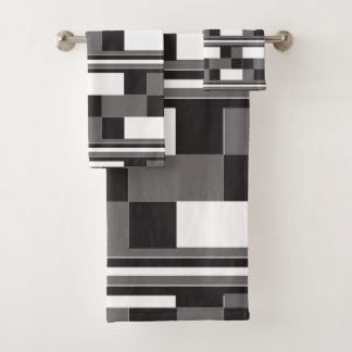 Grey Black White Check Stripes Pattern Bath Towel Set