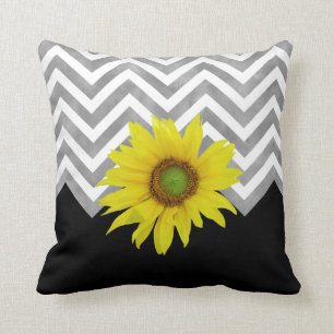 Grey Black White Chevron Colour Block w/ Sunflower Throw Pillow