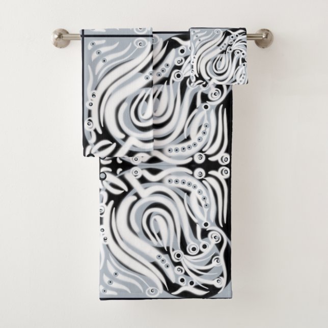Grey Black White Curly Abstract Pattern  Bath Towel Set (Insitu)