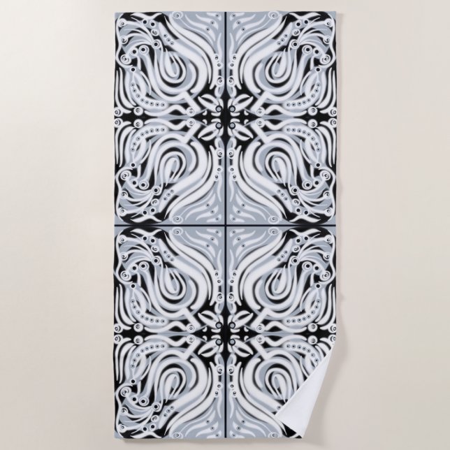 Grey Black White Curly Abstract Pattern  Beach Towel (Front)