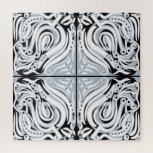 Grey Black White Curly Abstract Pattern  Jigsaw Puzzle