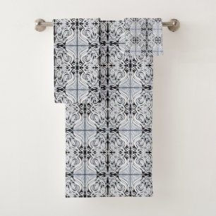 Grey Black White Curly Abstract Repeat Pattern Bath Towel Set