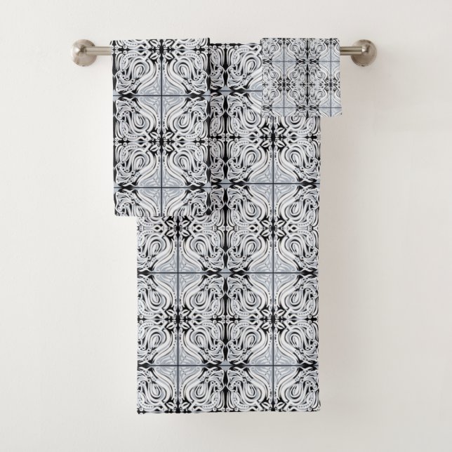Grey Black White Curly Abstract Repeat Pattern  Bath Towel Set (Insitu)