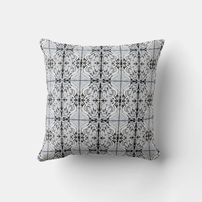 Grey Black White Curly Abstract Repeat Pattern  Throw Pillow (Back)