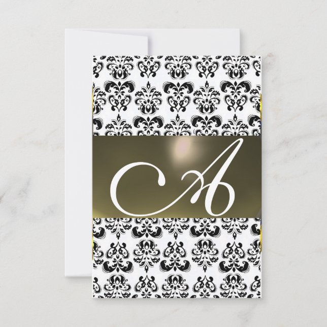 GREY BLACK WHITE DAMASK GEM MONOGRAM rsvp silver Invitation (Front)