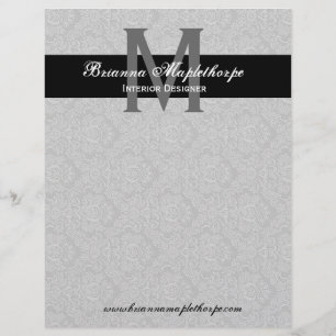 Grey Black White Damask Monogram Letterhead