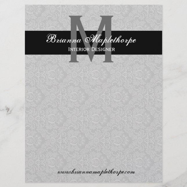 Grey Black White Damask Monogram Letterhead (Front)