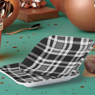 Grey Black White Flannel Plaid Tartan Design Paper Plate