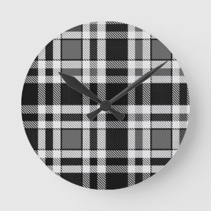 Grey Black White Flannel Plaid Tartan Design Round Clock