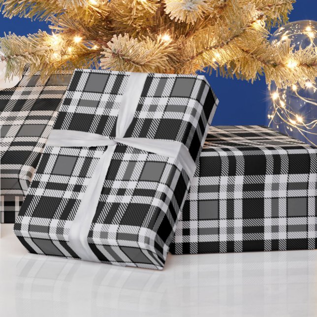 Grey Black White Flannel Plaid Tartan Design  Wrapping Paper (Creator Uploaded)