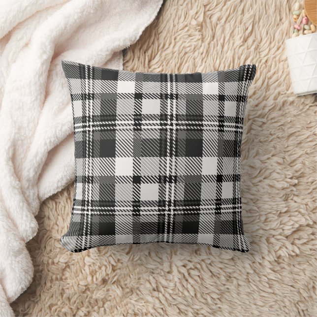 Grey Black White Madras Plaid Design  Throw Pillow (Blanket)