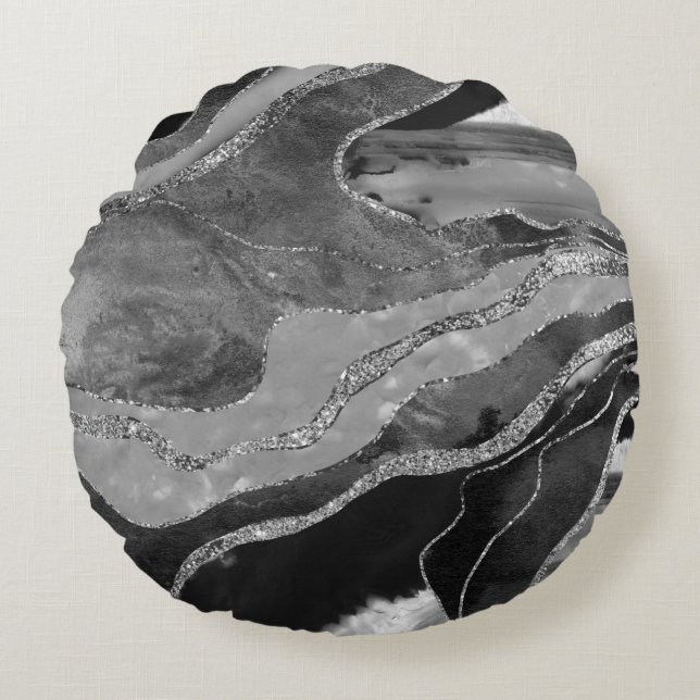 Grey Black White Marble Agate Silver Glitter #1 Round Pillow (Front)
