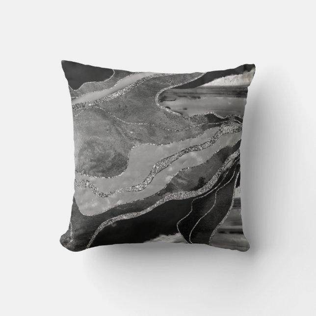 Grey Black White Marble Agate Silver Glitter #1 Throw Pillow (Front)
