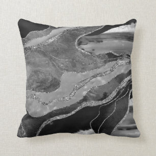 Grey Black White Marble Agate Silver Glitter #1 Throw Pillow