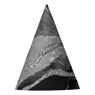 Grey Black White Marble Agate Silver Glitter Glam  Party Hat