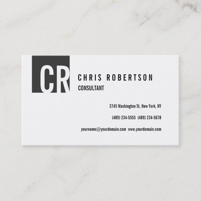 Grey Black White Monogram Business Card (Front)