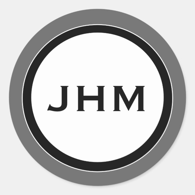 Grey Black & White Monogram Medallion with Name Classic Round Sticker (Front)