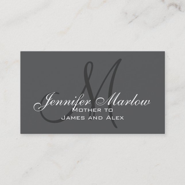 Grey, Black White Monogram Mommy Calling Card (Front)