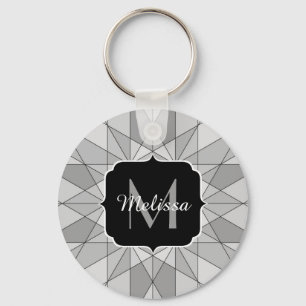 Grey black white Mosaic Triangle Pattern Monogram Keychain