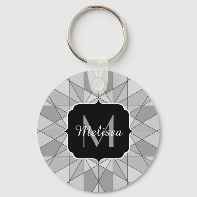 Grey black white Mosaic Triangle Pattern Monogram Keychain (Front)