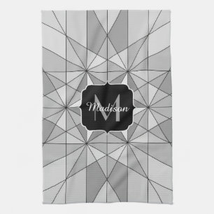 Grey black white Mosaic Triangle Pattern Monogram Kitchen Towel