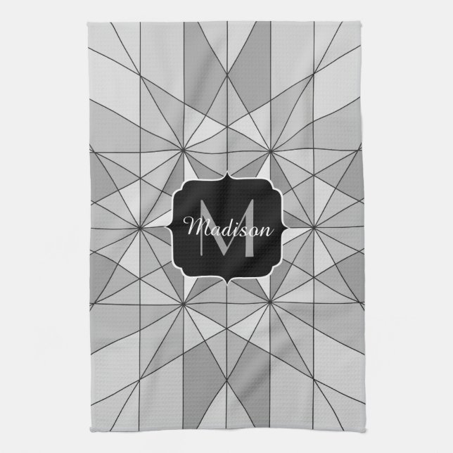 Grey black white Mosaic Triangle Pattern Monogram Kitchen Towel (Vertical)