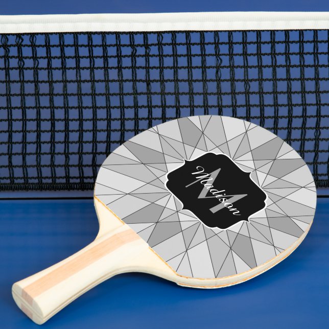 Grey black white Mosaic Triangle Pattern Monogram Ping Pong Paddle (Insitu)