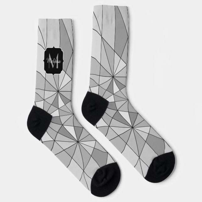Grey black white Mosaic Triangle Pattern Monogram Socks (Right)