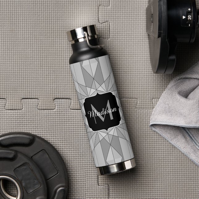 Grey black white Mosaic Triangle Pattern Monogram Water Bottle (Gym)