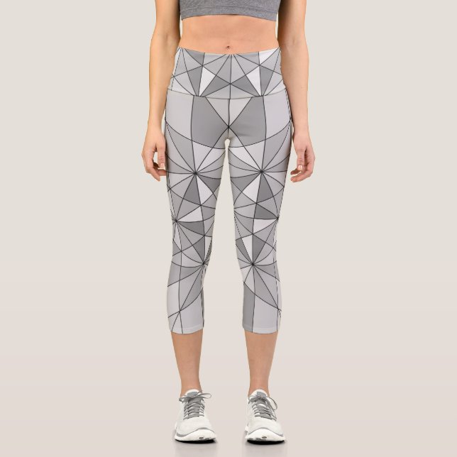 Grey black white Mosaic Triangle retro Pattern Capri Leggings (Front)