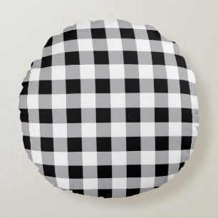 Grey Black White Plaid Check Pattern Round Pillow