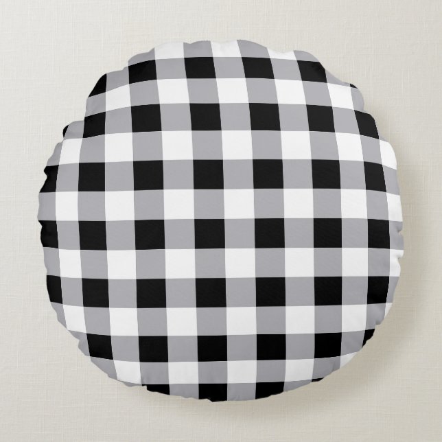 Grey Black White Plaid Check Pattern  Round Pillow (Front)