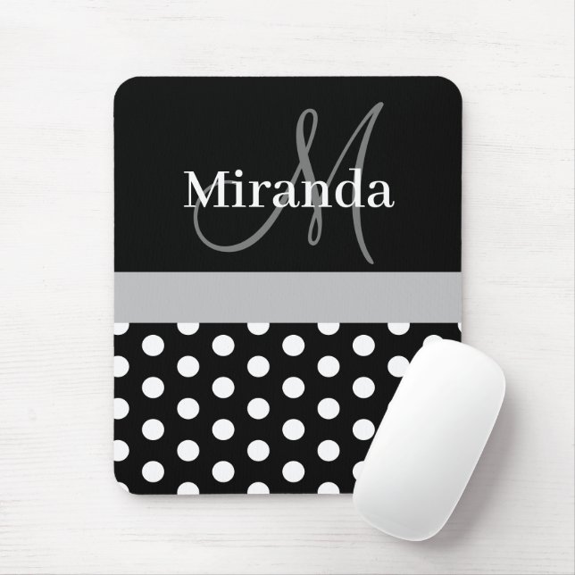 Grey Black White Polka Dot Monogram Mouse Pad (With Mouse)