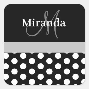 Grey Black White Polka Dot Monogram Square Sticker
