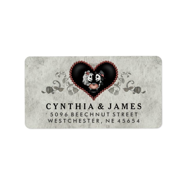 Grey Black & White Skeletons Heart Wedding Address Label (Front)