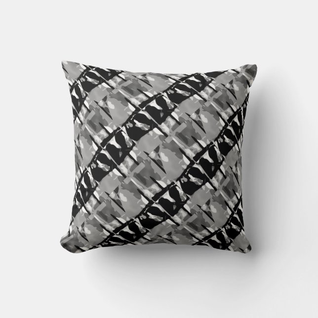 Grey Black White Slanted Abstract Small Tile Motif Throw Pillow (Front)