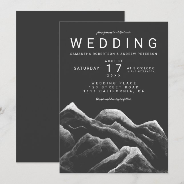 Grey black white watercolor mountains wedding invitation (Front/Back)