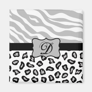 Grey, Black & White Zebra & Cheetah Personalized Magnet