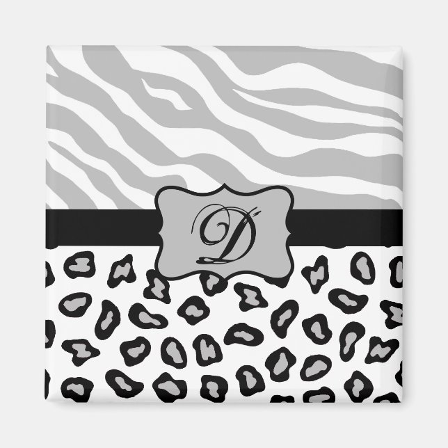 Grey, Black & White Zebra & Cheetah Personalized Magnet (Front)