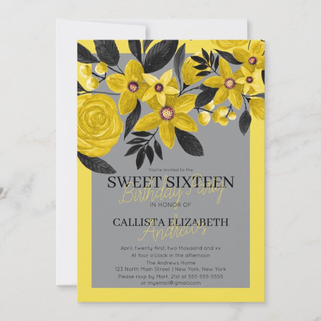 Grey Black Yellow Floral Watercolor Sweet 16 Invitation (Front)