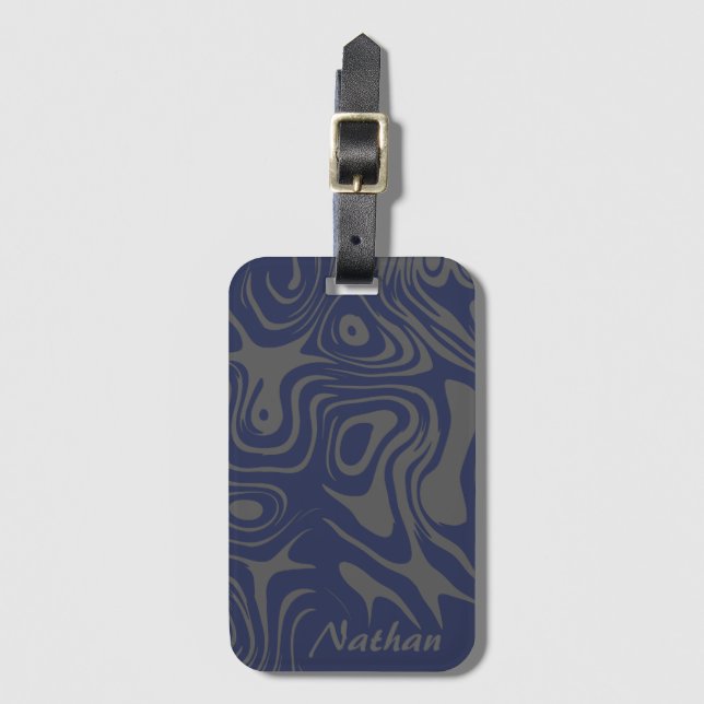 Grey Blue Abstract Liquid Pattern Personalised Luggage Tag (Front Vertical)