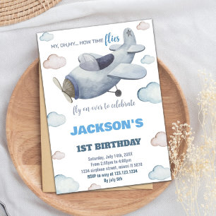 Grey Blue Airplane Birthday Invitations
