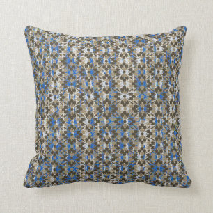 Grey, Blue, and Black Patterned Flowers Throw Pillow