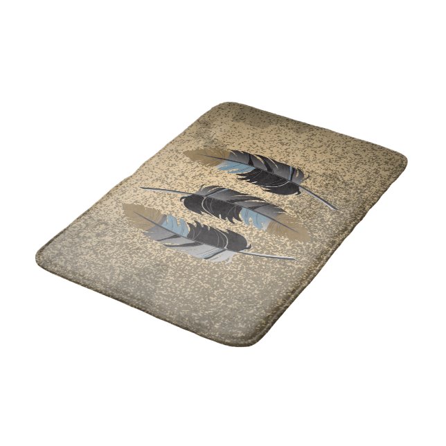 Grey, Blue and Brown Feather Design on Grunge Tan Bath Mat (Angled)